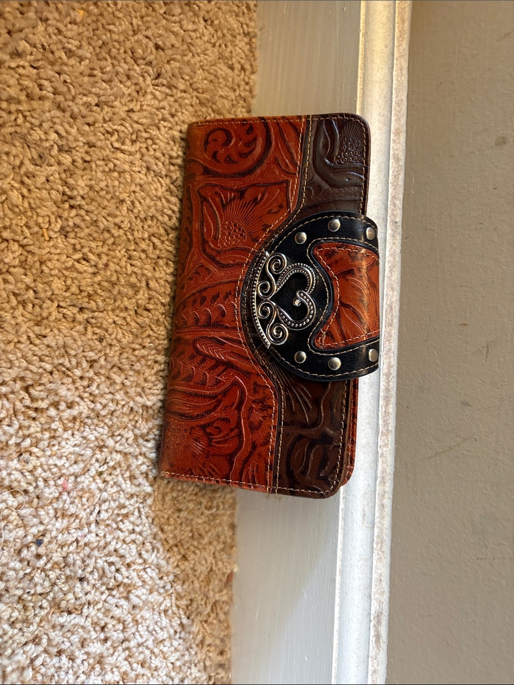 Brown Tooled Leather Men or Women Wallet with Decorative Metal Closure